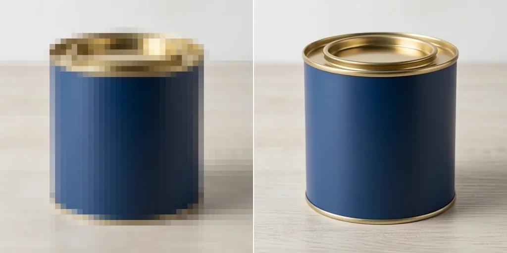 Before and after: a pixelated product photo of a tea tin and the same photo cleaned up
