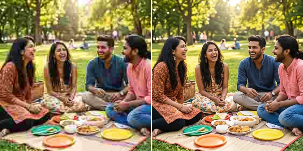 Before and after: a compressed, blocky photo of friends at a picnic and the same photo cleaned up