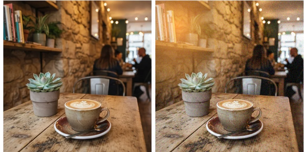 Before and after: a cafe photo and the same photo with grain and a light leak