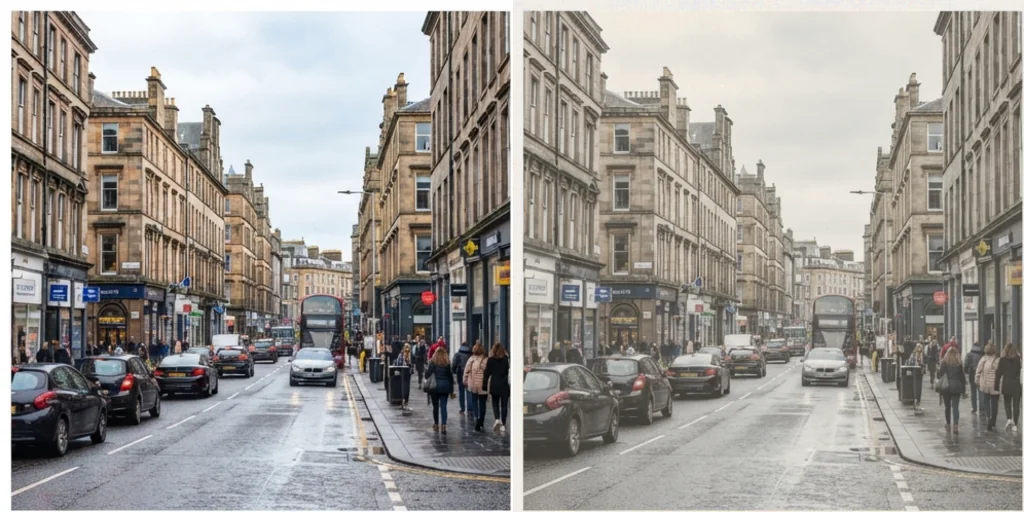 Before and after: a city street and the same street with faded retro colour