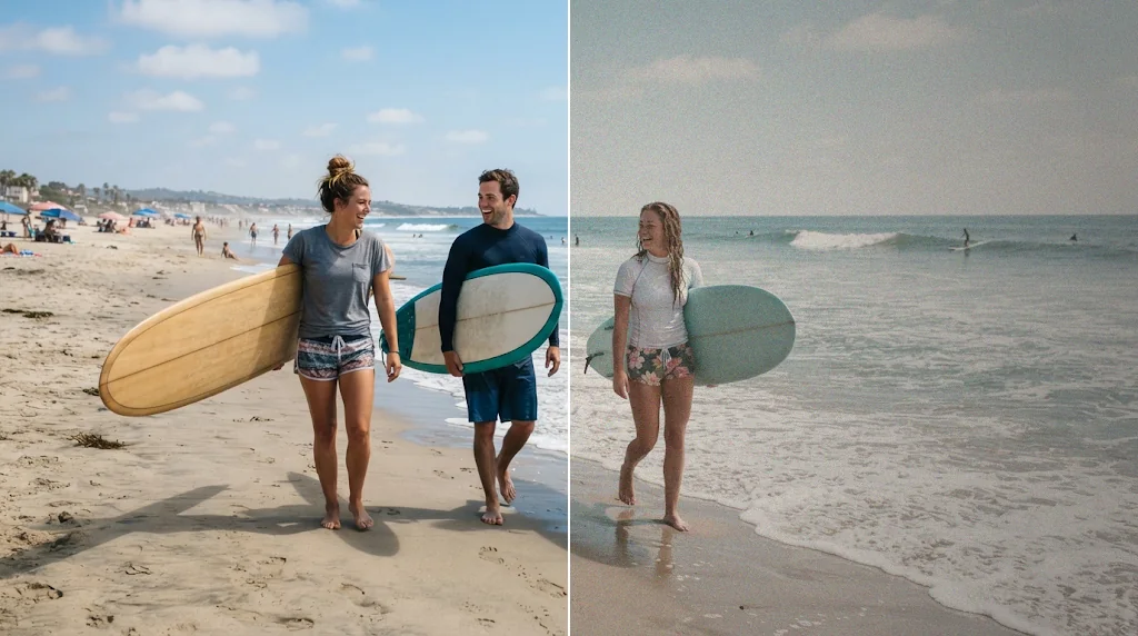 Before and after: a modern beach photo and the same photo with a warm 1970s film look