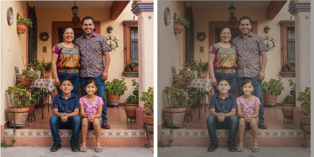 Before and after: a family photo and a gently aged version