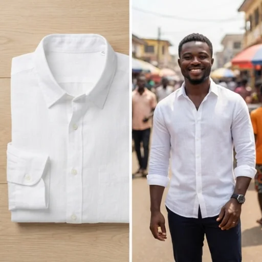 A linen shirt product photo and the same shirt worn by a model in a sunny street