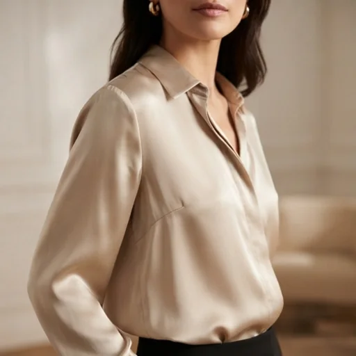 Close-up of a silk blouse on a model showing the fabric drape