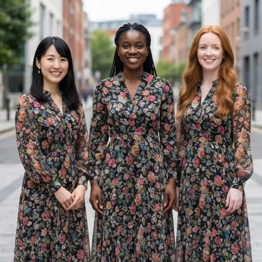 The same floral dress shown on three different models