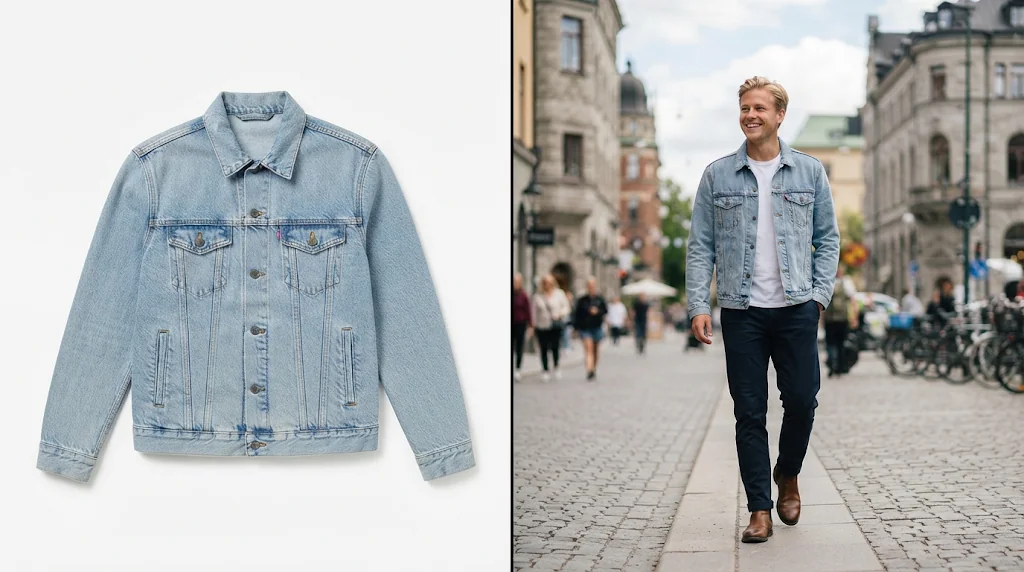 Before and after: a flat-lay photo of a denim jacket and the same jacket worn by a model in a city street