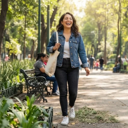 A model wearing a denim jacket, white trainers and a tote bag in a park