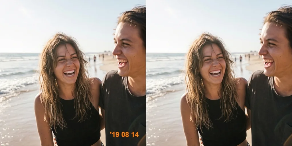 Before and after: a beach snapshot with an orange date stamp and the same photo clean