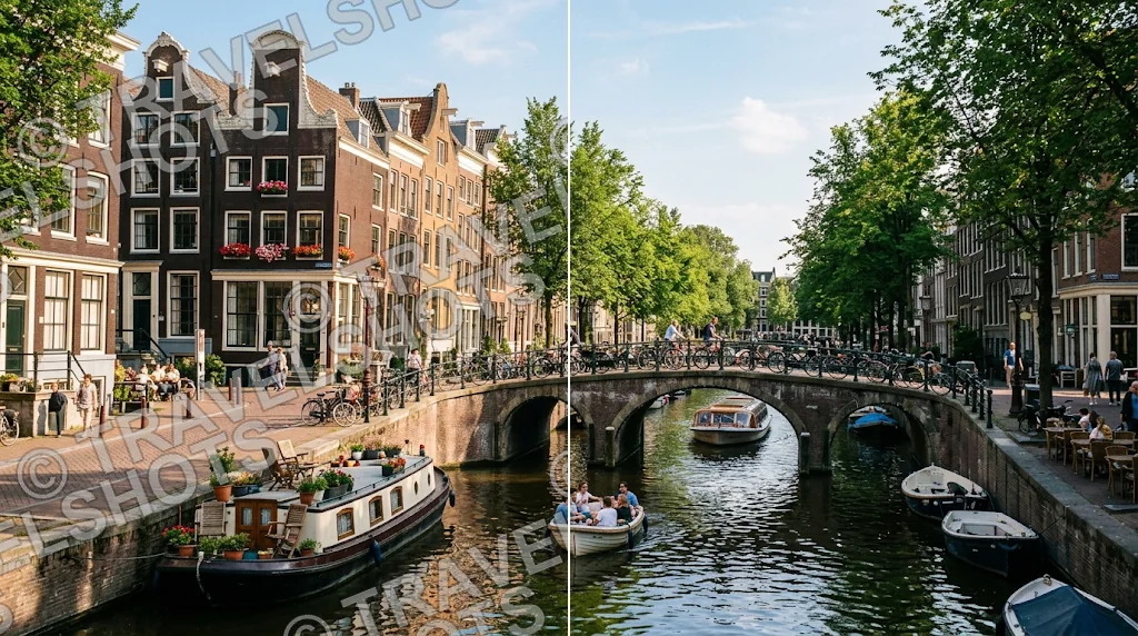 Before and after: a travel photo of a canal with a large repeated text overlay and the same photo clean