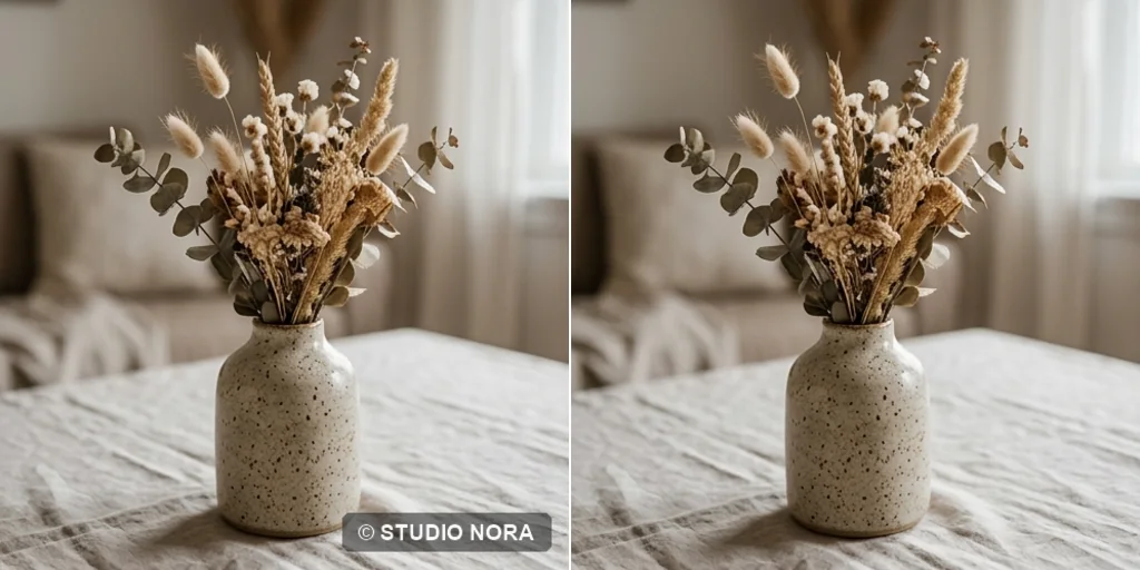 Before and after: a ceramic vase photo with a corner stamp and the same photo clean