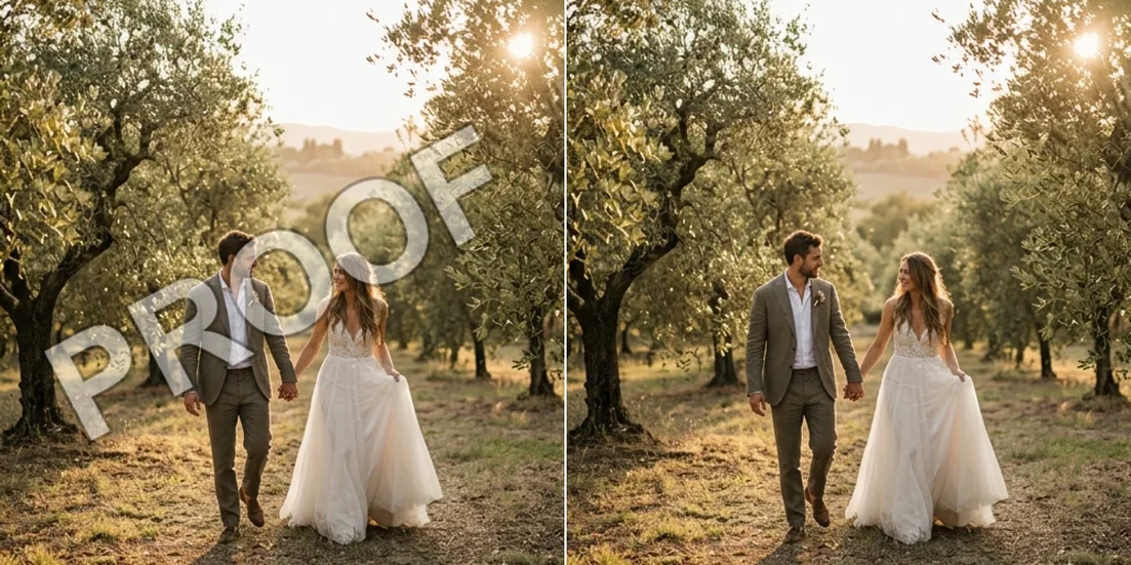 Before and after: a wedding proof photo with a PROOF overlay and the same photo clean