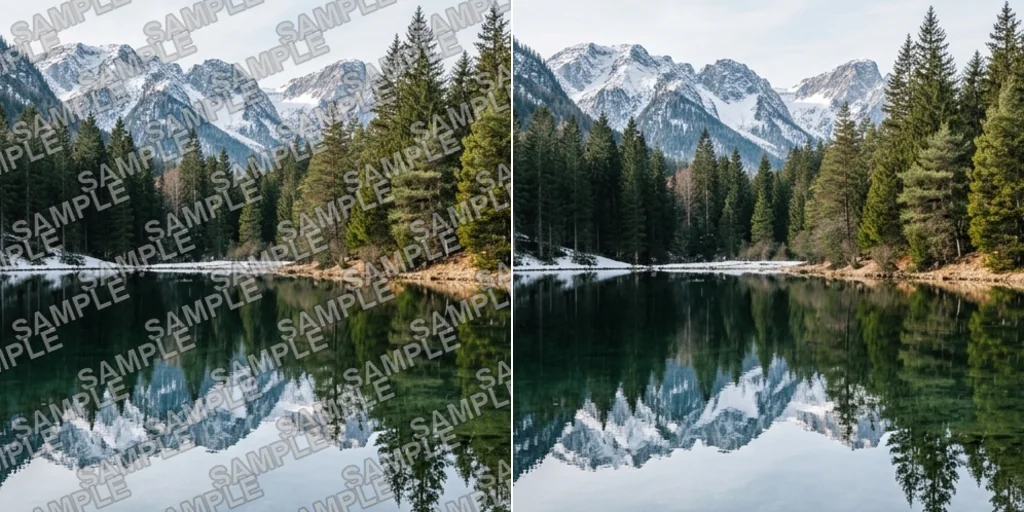Before and after: a mountain lake photo with repeated SAMPLE text and the same photo clean
