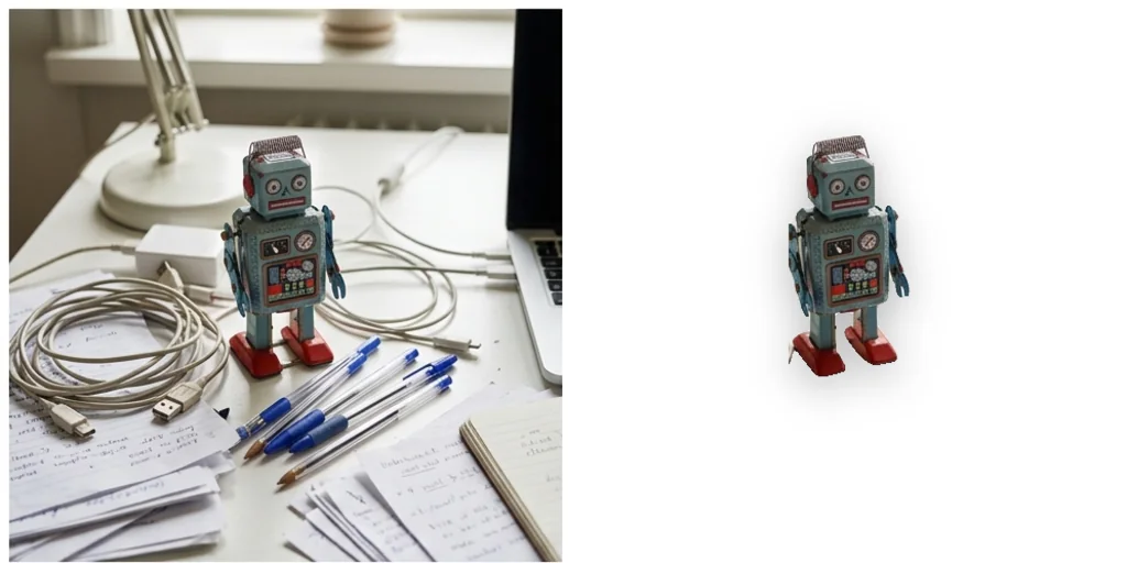 Before and after: a toy on a messy desk and the same toy on white