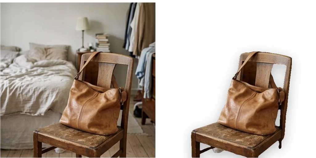 Before and after: a handbag on a chair in a bedroom and the same bag and chair on white