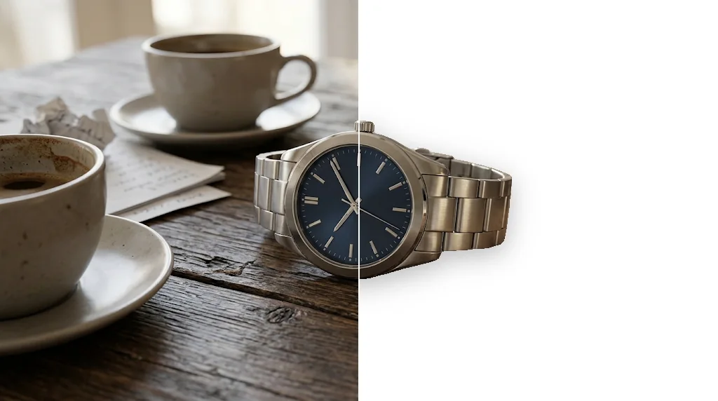 Before and after: a watch on a wooden table and the same watch on pure white with a soft shadow
