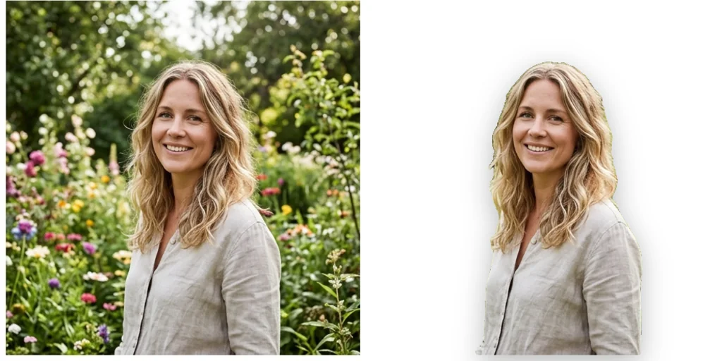 Before and after: a woman in a garden and the same portrait on white