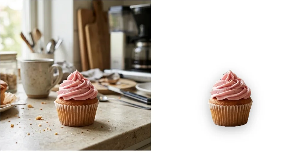 Before and after: a cupcake on a kitchen counter and the same cupcake on white