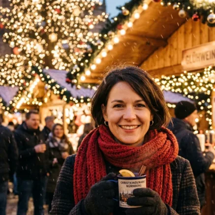 A smiling German woman in her thirties with short dark bob hair and a red wool scarf holding a mug of mulled wine at a Christmas market. Warm fairy lights, festive bokeh, gentle snowfall.
