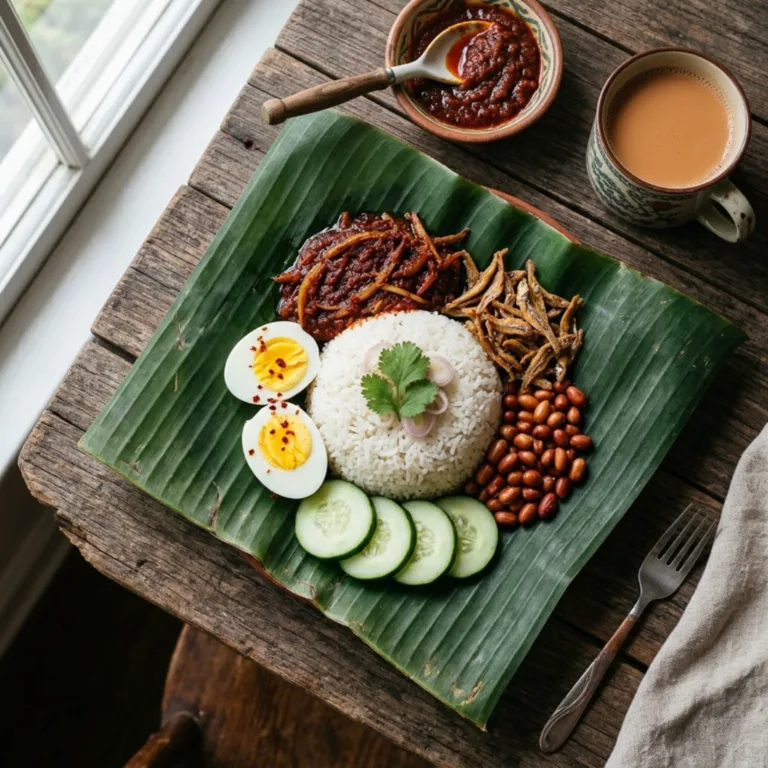 Nasi lemak on a banana leaf with sambal, fried anchovies, peanuts, cucumber and a boiled egg. Overhead food photography, soft morning window light, rustic wooden table, rich colours, sharp detail.