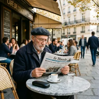 An elderly French man in his seventies with round glasses and a grey beret reading a newspaper with an espresso at a Paris sidewalk café. Marble table, soft afternoon light, documentary photography.