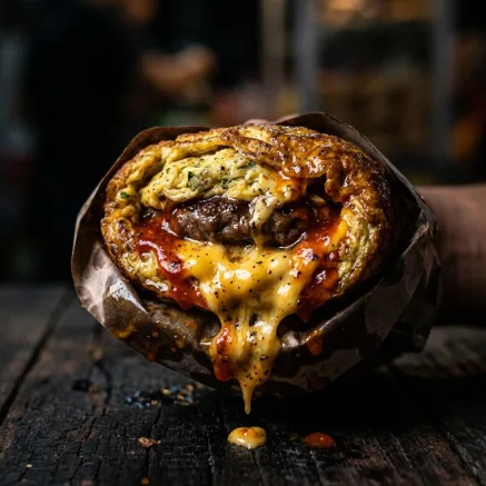 A juicy Ramly burger wrapped in egg with melted cheese and chilli sauce dripping. Photorealistic macro shot, glistening textures, dark moody background, dramatic side light.