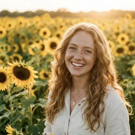 Portrait of an American woman in her early twenties with freckles and wavy strawberry-blonde hair in a sunflower field at golden hour. Shallow depth of field, warm backlight, natural smile.