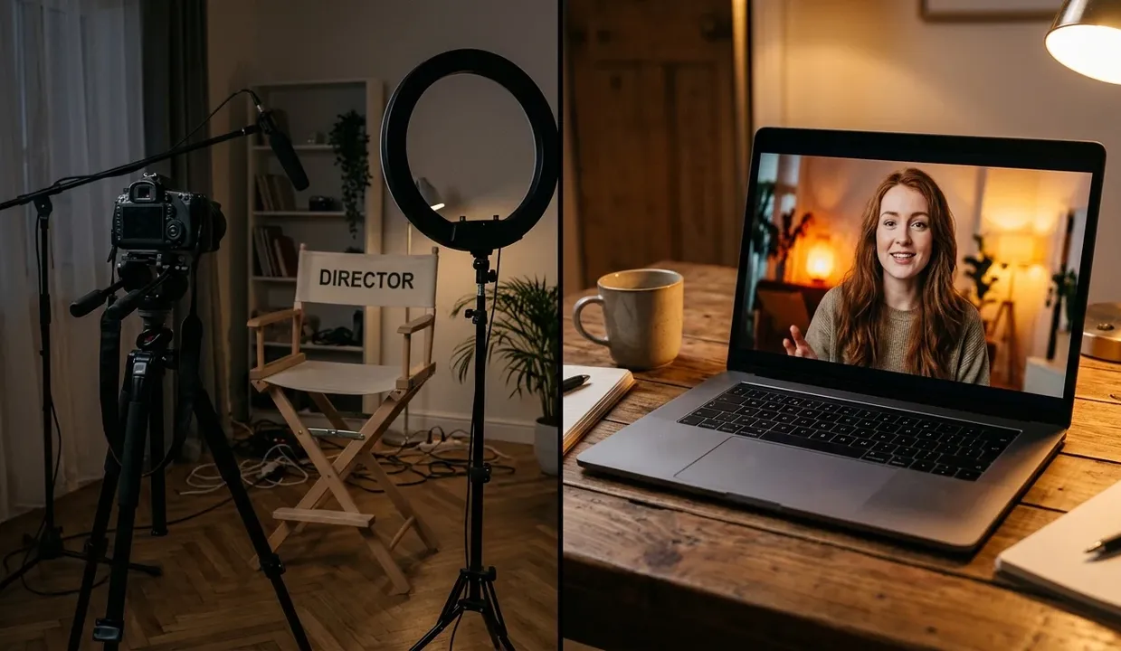 An empty filming set beside a laptop showing a presenter