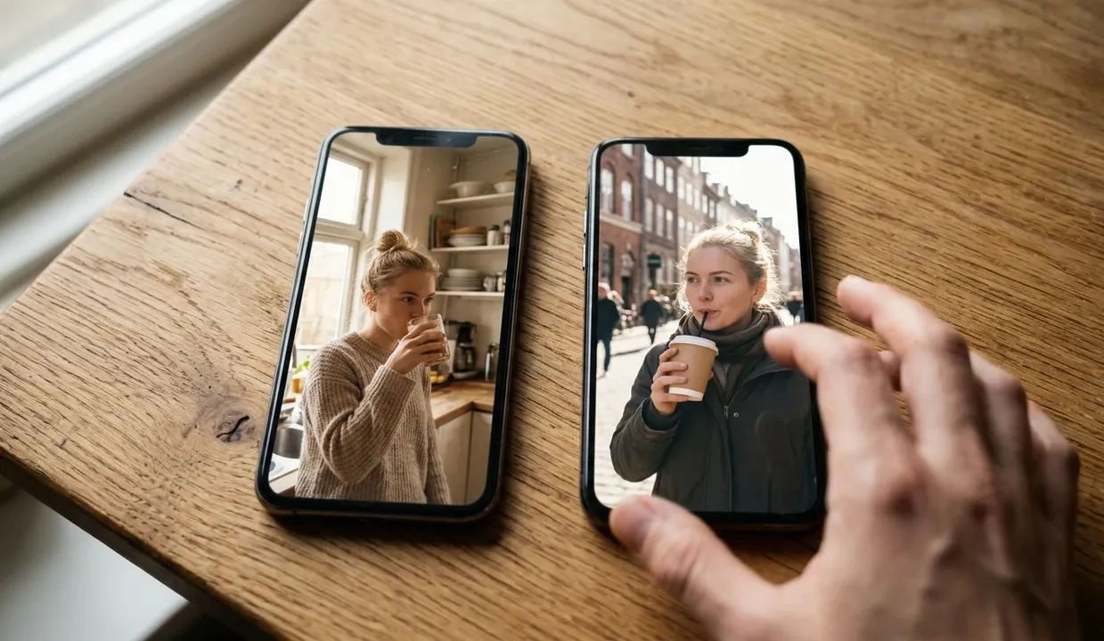 Two phones on a table showing the original clip and a new version of it
