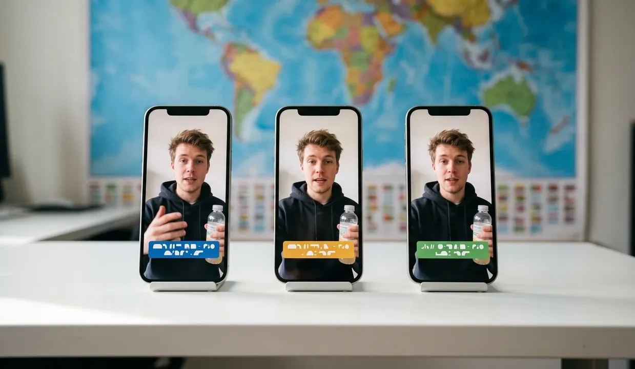 Three phones showing the same presenter with different caption bars