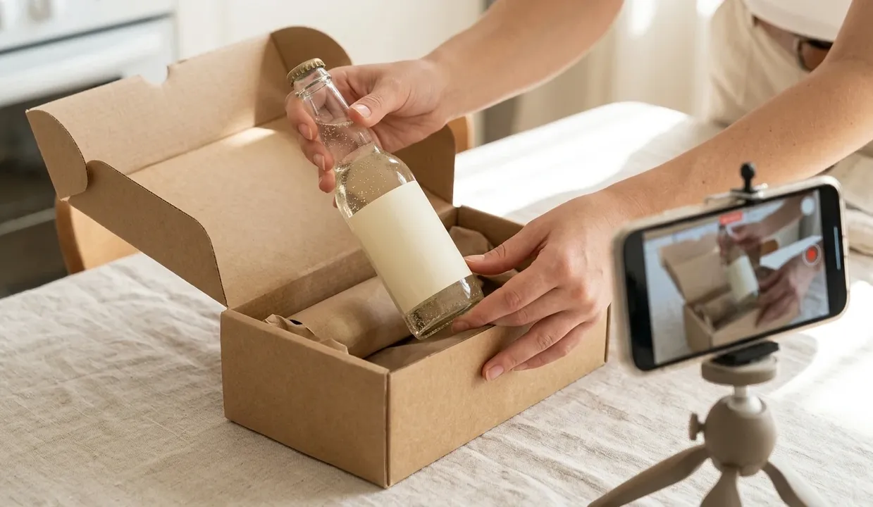 Hands unboxing a glass bottle while a phone films it
